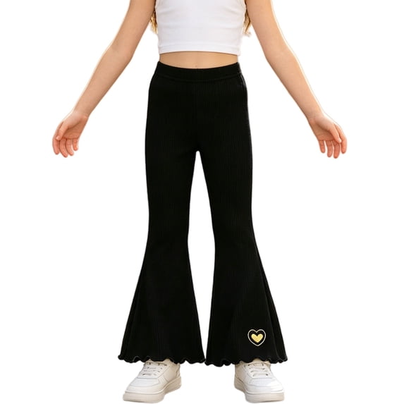 XXWXYD Girls Rib‑Knit Flare Pants, Elastic‑High‑Waist Bell‑Bottom Trousers With Heart Embroidery, Stretchy Knit Bottoms For Kids Casual Daily Dressing
