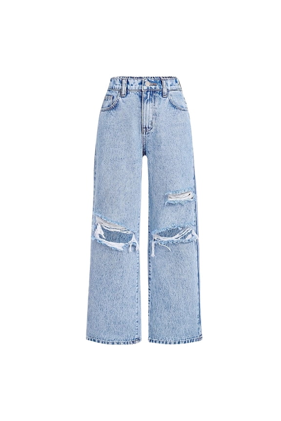 Girls Ripped High Waist Jeans Baggy Denim Pants with Stretc𝗁 Waistband 𝖸𝟤𝖪 Vintage Streetwear Cute Wide Leg Trousers 7-14 Years