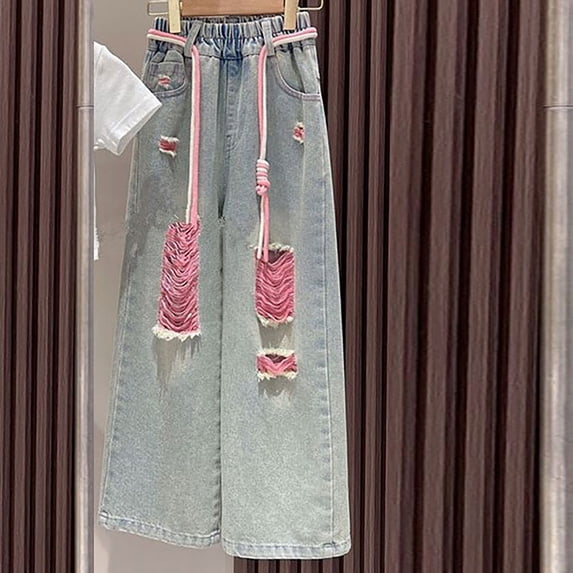 XXWXYD Girls Ripped Jeans Baggy Wide Leg High Waisted Denim Pants, 𝖸𝟤𝖪 Distressed Streetwear with Functional Pockets for 5-16 Years