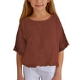 thumbnail image 1 of XXWXYD Girls Ruffled Cotton Linen Top, Five Point Sleeves Round Neck Casual Shirt, Solid Color Summer Boho Style Blouse, 1 of 6