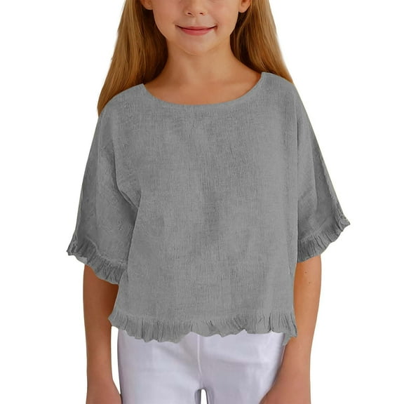 XXWXYD Girls Ruffled Cotton Linen Top, Five Point Sleeves Round Neck Casual Shirt, Solid Color Summer Boho Style Blouse