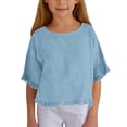 thumbnail image 1 of XXWXYD Girls Ruffled Cotton Linen Top, Five Point Sleeves Round Neck Casual Shirt, Solid Color Summer Boho Style Blouse, 1 of 6