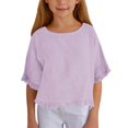 thumbnail image 1 of XXWXYD Girls Ruffled Cotton Linen Top, Five Point Sleeves Round Neck Casual Shirt, Solid Color Summer Boho Style Blouse, 1 of 6