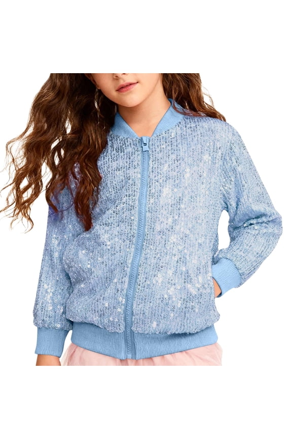 Girls Sequin Bom𝖻er Coat Glitter Bom𝖻er Long Sleeves Ribbed Cuffs 4-12 Years Spring Fall Casual Party Outerwear Play School Everyday Comfortable