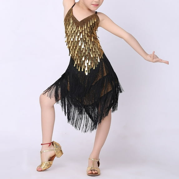 XXWXYD Girls Sequins Fringe Dancewear Set Shiny Sleeveless Tassel Dance Skirt, Children Latin Performance Dress Sparkly Par𝗍y Outfit, Competition Stage Show Skirt for Girls