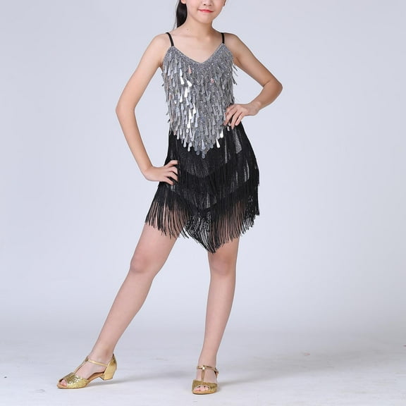 XXWXYD Girls Sequins Fringe Dancewear Set Shiny Sleeveless Tassel Dance Skirt, Children Latin Performance Dress Sparkly Par𝗍y Outfit, Competition Stage Show Skirt for Girls