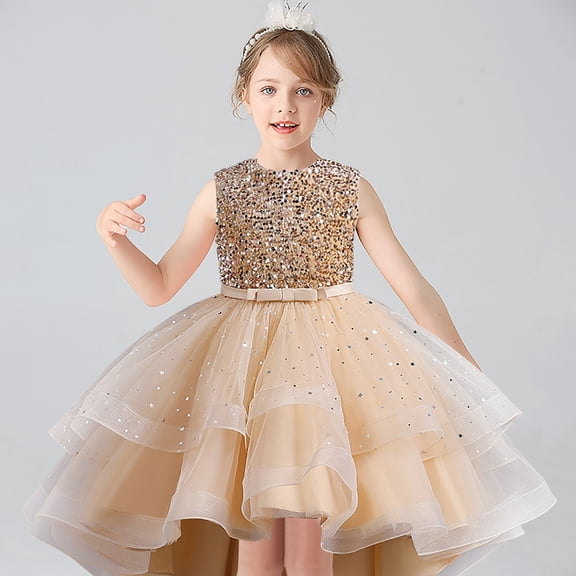 XXWXYD Girls Sequins Puffy Yarn Trailing Dress Princess Gown for Piano Performance, Formal Par𝗍y Long Gown with Sparkly, Elegant Special Ocasion