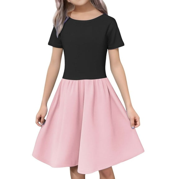 XXWXYD Girls Short Sleeve Twirl Skater Dress A-Line Stretchy T-Shirt Summer Dress Elastic Waist Casual School Outfit Ages 4-12