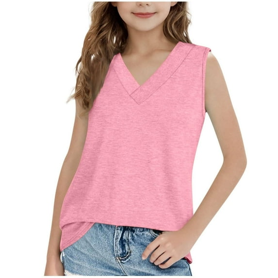 XXWXYD Girls Sleeveless V Neck Tank Tops, Solid Color Casual Summer Activity Wear, Breathable Quick-Dry Sport Shirts for Kids Running Workouts