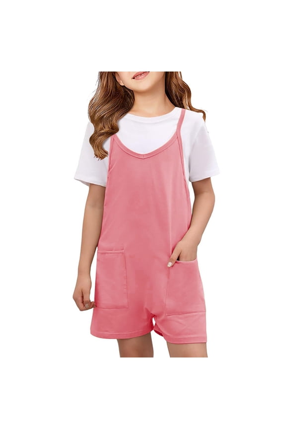 Girls Spring Summer Spaghetti Strap Romper - Sleeveless Jumpsuit with Pockets, Stretchy Summer Shorts for Playdates, Casual Outfit for Spring Autumn