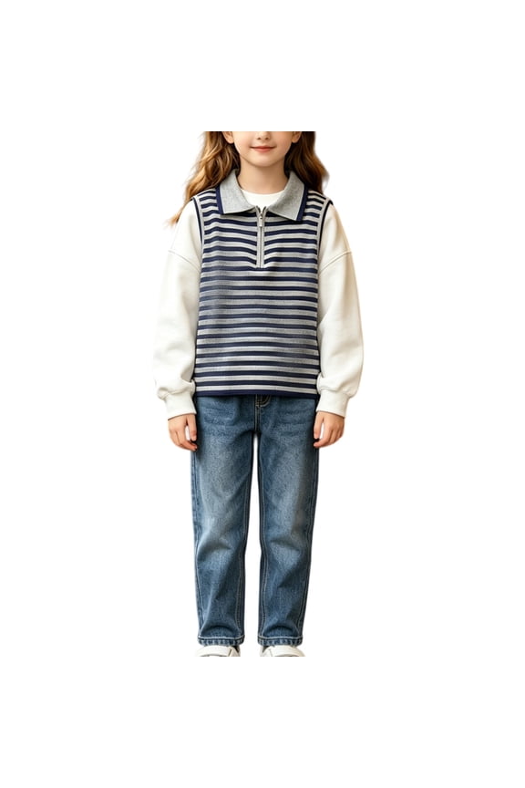 Girls Striped Knit Vest Half Zip Collar Sleeveless Ribbed Knit Tank Top Casual Loose Fit Layering Sweater Waistcoat For Spring Summer Daily Wear
