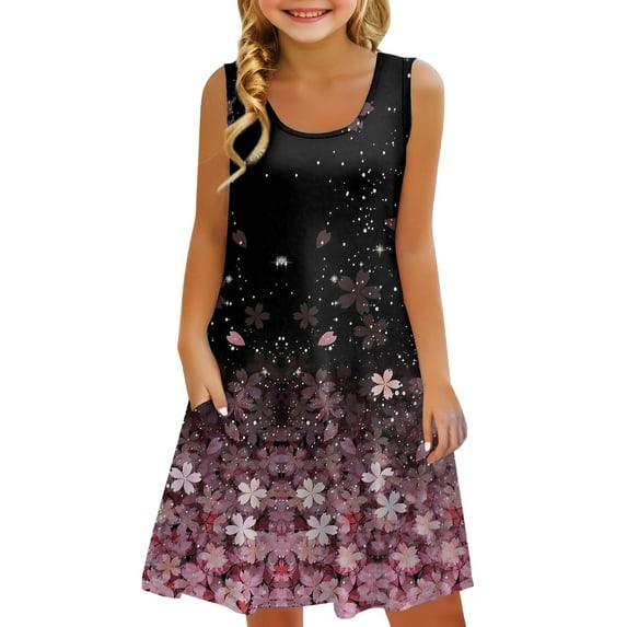 XXWXYD Girls Summer Flowy Tiered Maxi Dress | Sleeveless Crewneck A-Line Beach 𝖲undress with Pockets | Casual Tank Dress for Kids Swim Cover Up