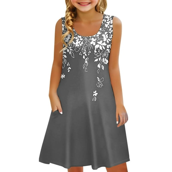 XXWXYD Girls Summer Flowy Tiered Maxi Dress | Sleeveless Crewneck A-Line Beach 𝖲undress with Pockets | Casual Tank Dress for Kids Swim Cover Up