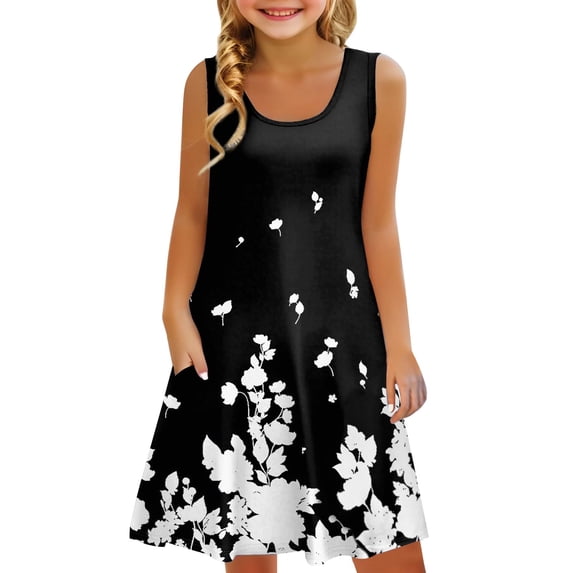 XXWXYD Girls Summer Flowy Tiered Maxi Dress | Sleeveless Crewneck A-Line Beach 𝖲undress with Pockets | Casual Tank Dress for Kids Swim Cover Up