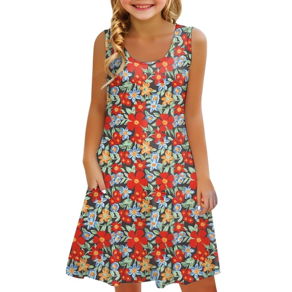 XXWXYD Girls Summer Flowy Tiered Maxi Dress | Sleeveless Crewneck A-Line Beach 𝖲undress with Pockets | Casual Tank Dress for Kids Swim Cover Up