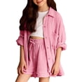 thumbnail image 1 of XXWXYD Toddler Girl Vacation Outfits Girls 2 Piece Outfit Summer Cotton Linen Shirts Long Sleeve Button Down Tops High Waist Casual Beach Vacation Short Sets, 1 of 9