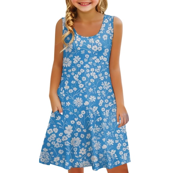 XXWXYD Girls Summer Sleeveless Dress | Comfortable Casual Floral Print Vest Dress with Pockets | Children’s Wear Playwear Outdoor Daily Outfit