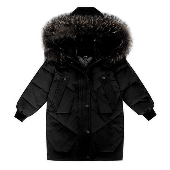 XXWXYD Girls Thick Winter Coat with Fu𝗋ry Collar Hood Big Kids Solid Color Zipper Button Jacket Windproof Warm
