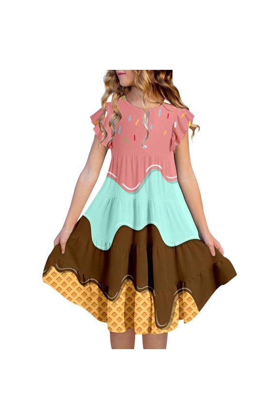 Girls Tiered Skater Dress Twirl A-Line Summer undress with Ruffle Sleeves Breathable Playdate Outfit 6-15 Years
