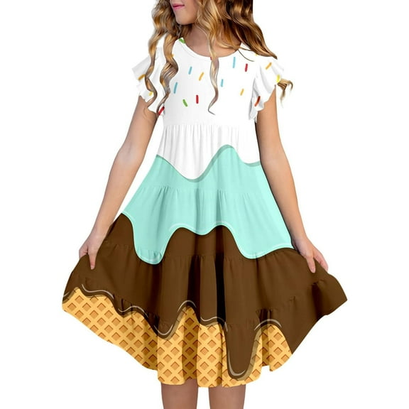 XXWXYD Girls Tiered Skater Dress Twirl A-Line Summer 𝖲undress with Ruffle Sleeves Breathable Playdate Outfit 6-15 Years
