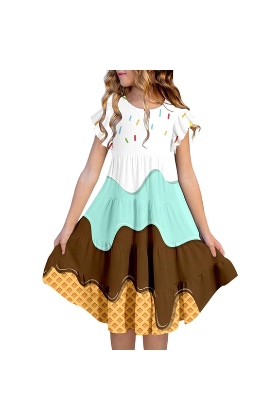 Girls Tiered Skater Dress Twirl A-Line Summer 𝖲undress with Ruffle Sleeves Breathable Playdate Outfit 6-15 Years