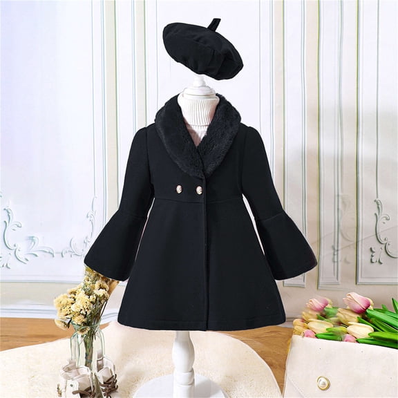 XXWXYD Girls Trench Coat with Furry Collar and Beret Hat Set Long Sleeve Warm Peacoat Toddler Outerwear 1-6 Years Casual Fashion Winter Coat