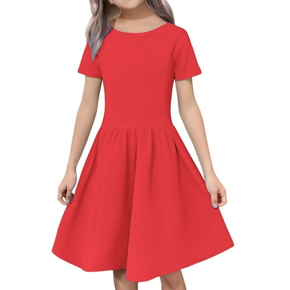 XXWXYD Girls Twirl Skater Dress Short Sleeve A-Line T-Shirt Dress Elegant Summer School Outfit Stretchy Comfort 4-12 Years