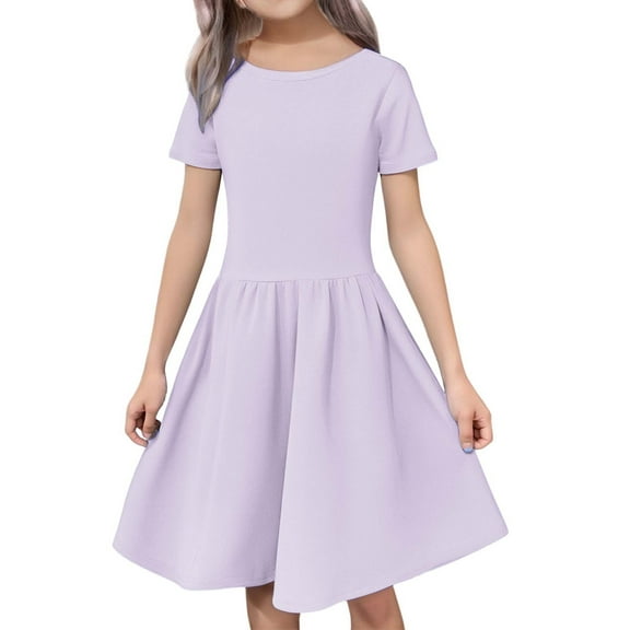 XXWXYD Girls Twirl Skater Dress Short Sleeve A-Line T-Shirt Dress Elegant Summer School Outfit Stretchy Comfort 4-12 Years