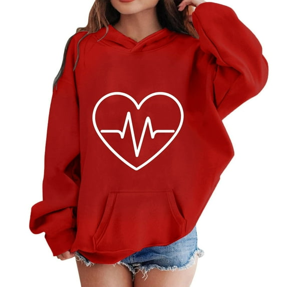 XXWXYD Girls Valentine’s Day EKG Printed Hooded Sweatshirt Winter Padded Pullover Cozy Fleece Top with Pocket