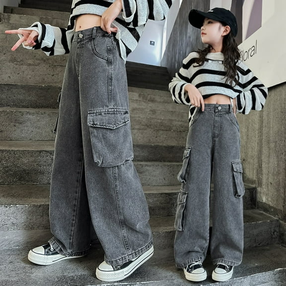 XXWXYD Girls Wide Leg Baggy Cargo Jeans Loose Palazo High Waist Denim Pants with Oversized Multi Pockets for 4-14 Years Casual Comfort Street Fashion