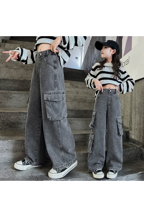 Girls Wide Leg Baggy Cargo Jeans Loose Palazo High Waist Denim Pants with Oversized Multi Pockets for 4-14 Years Casual Comfort Street Fashion