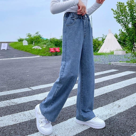 XXWXYD Girls Wide Leg Straight Jeans Baggy Washed Denim Pants Elastic Waist Casual Loose Trousers for Teens 5-14 Years Comfort Fit Street Style Everyday