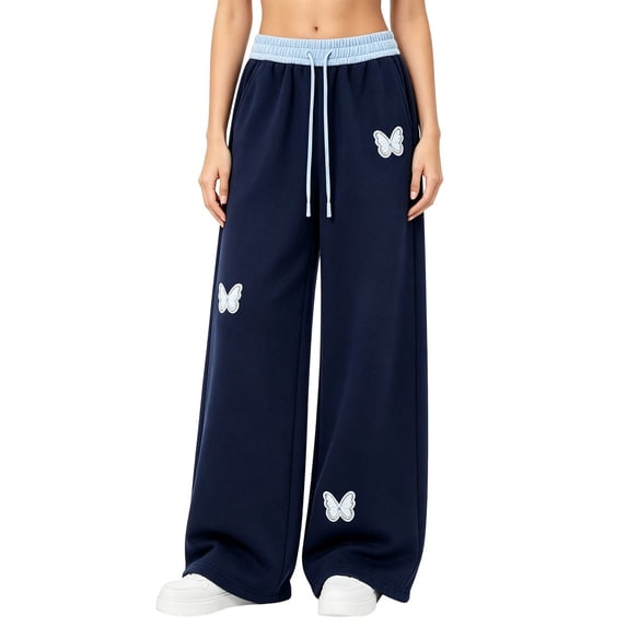 XXWXYD Girls Wide Leg Sweatpants Butterfly Embroidery Casual Loose Trousers Elastic Drawstring Waist Soft Knit Pants with Pockets for Cute Girls School