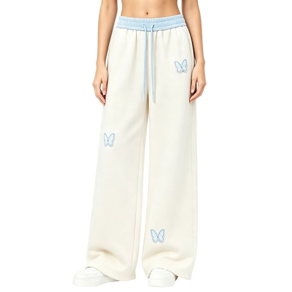 XXWXYD Girls Wide Leg Sweatpants Butterfly Embroidery Casual Loose Trousers Elastic Drawstring Waist Soft Knit Pants with Pockets for Cute Girls School