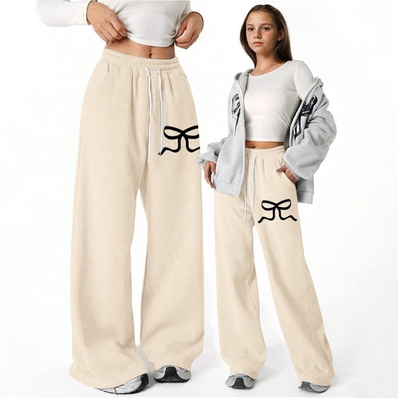 XXWXYD Girls Wide Leg Sweatpants Cute Bowknot Graphic Baggy Sweat Pants Fashion 𝖸𝟤𝖪 Casual Athletic Track Pants Pockets Trendy Streetwear Bottoms
