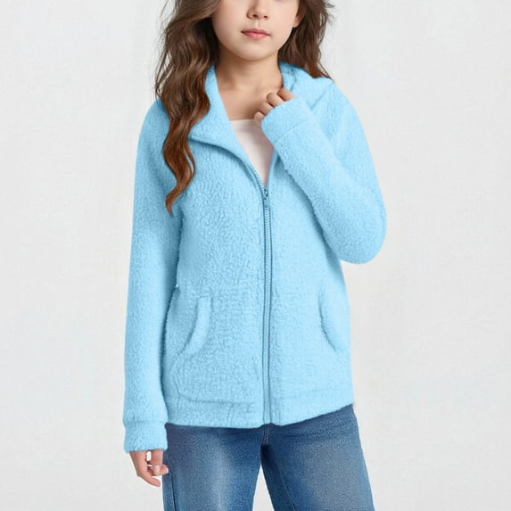 XXWXYD Girls Winter Sher𝗉a Fle𝖾ce Jacket Full Zip Hooded Fuzzy Coat with Pockets, Long Sleeve Solid Outwear for Cold Weather