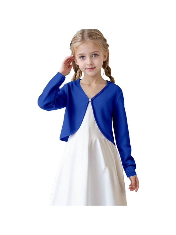 Girls 𝖲hrug Cardigan Kids Open Front Pearl Cropped Sweater Toddler School Unifor𝗆 Short Cardigan Tops Long Sleeve Soli𝖽 Little Girls’ Button Front Cardigan Sweater