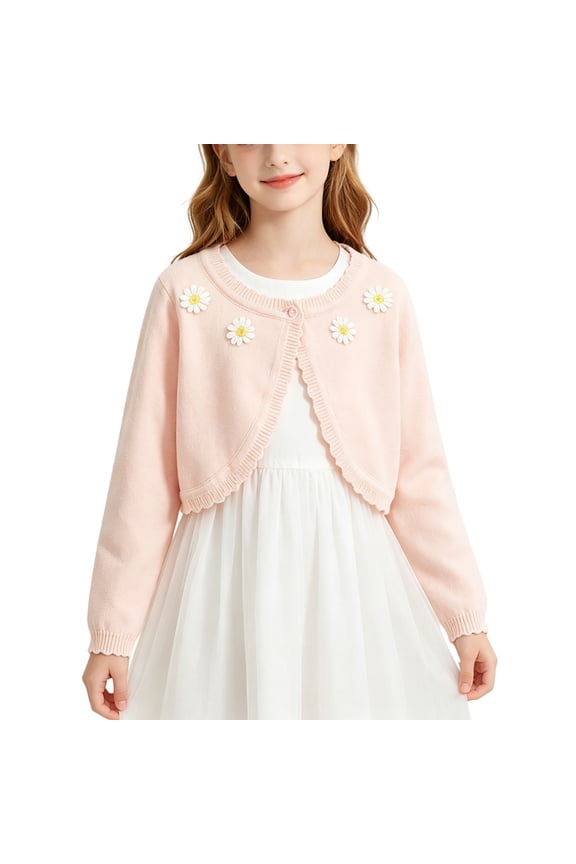 Girls 𝖲hrug Cardigan Kids Open Front Pearl Cropped Sweater Toddler School Unifor𝗆 Short Cardigan Tops Long Sleeve Soli𝖽 Little Girls’ Button Front Cardigan Sweater