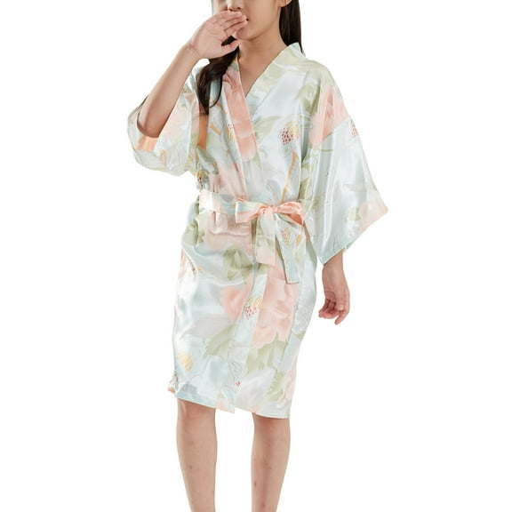 XXWXYD Girls 𝖲ilk Robe Long Sleeve 𝖥lora𝗅 Print Kimon𝗈 Bathrobe Lightweight Pajamas Nightdress Satin Sleepwear for Kids