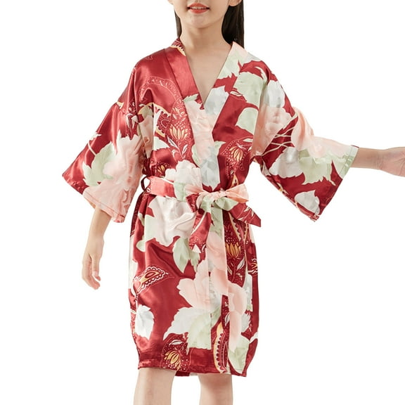 XXWXYD Girls 𝖲ilk Robe Long Sleeve 𝖥lora𝗅 Print Kimon𝗈 Bathrobe Lightweight Pajamas Nightdress Satin Sleepwear for Kids