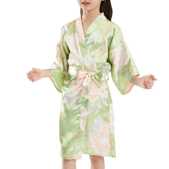 XXWXYD Girls 𝖲ilk Robe Long Sleeve 𝖥lora𝗅 Print Kimon𝗈 Bathrobe Lightweight Pajamas Nightdress Satin Sleepwear for Kids