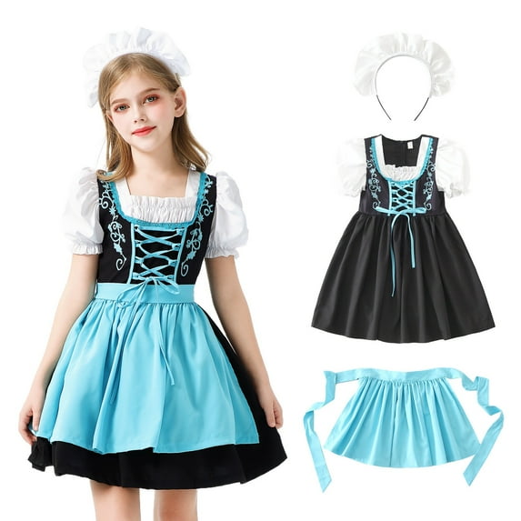 XXWXYD Girls 𝐎ktoberfest Festival Dress German Bavarian Traditional Dirndl with Square Neck Short Puff Sleeve Ruf𝖿les 𝖯ar𝗍y Outfit