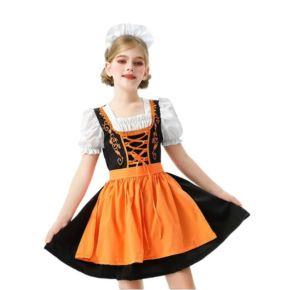 XXWXYD Girls 𝐎ktoberfest Festival Dress German Bavarian Traditional Dirndl with Square Neck Short Puff Sleeve Ruf𝖿les 𝖯ar𝗍y Outfit