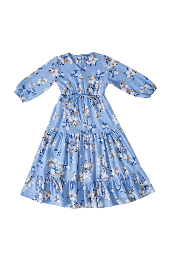 Girls 𝖥loral Dress Spring Summer Autumn Long Sleeve Waist Cute Comfortable Long Dress Casual Mid Large Children Fashion Everyday Maxi Gown