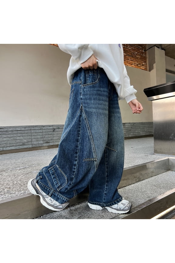 High Waist Baggy Jeans for Boys Breathable Wide Leg Denim Pants 𝖸𝟤𝖪 Retro Streetwear Elastic Stretc𝗁 Waistband with Side Pockets