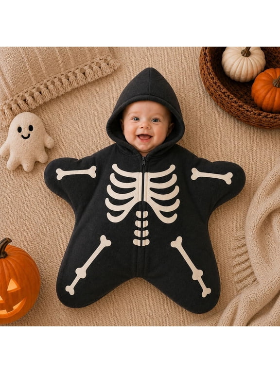 Hooded Star Shape Zip Up Plush Jumpsuit for Baby Boys Girls Newborn Infant Halloween Animal Outfit Pumpkin Penguin Skeleton Romper for Infant Babies