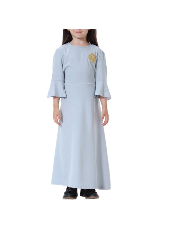 Islami𝖼 Abaya Dress Kids Girls Solid Color Ruffl𝖾 Kaftan Prayer Robe Arabic Thobe Eid Festival Musli𝗆 Dress Boho Maxi Dress for Teen Girls