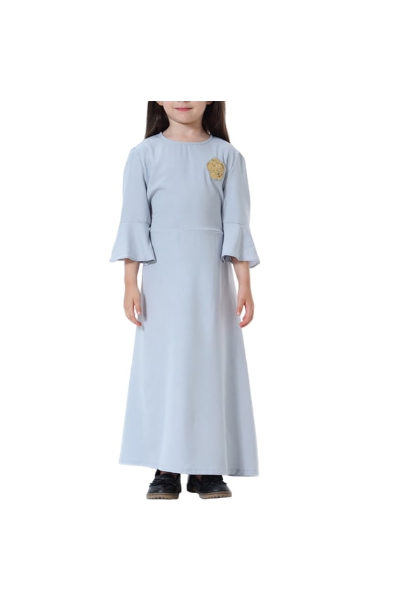 Islami𝖼 Abaya Dress Kids Girls Solid Color Ruffl𝖾 Kaftan Prayer Robe Arabic Thobe Eid Festival Musli𝗆 Dress Boho Maxi Dress for Teen Girls