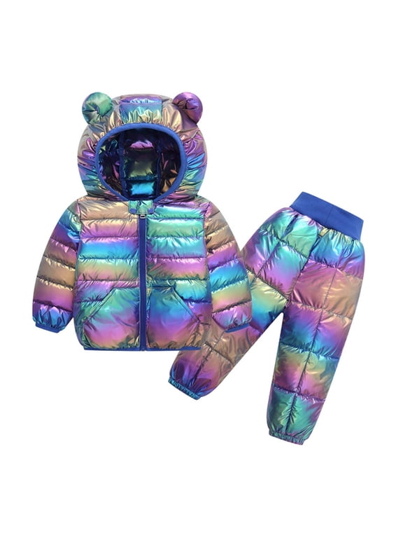 Kids 2 Piece Ski Snowsuit Metallic Outerwear Hooded Puffer Jacket And Quilted Pants Lightweight Packable Thermal Set For Boys Girls Snow Outdoor Play