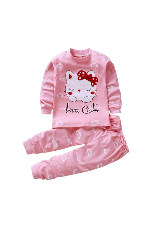 Kids Animal Print Lounge Set 2PC, Long Sleeve French Terry Top & Pants - Cat Theme Comfy Outfits for 0-9Y Daycare/Playdates